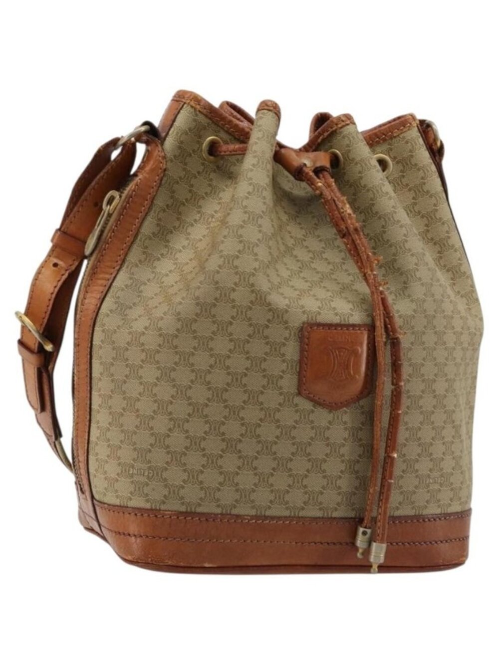 Authentic CELINE Macadam Canvas Shoulder Bag PVC Beige Gold